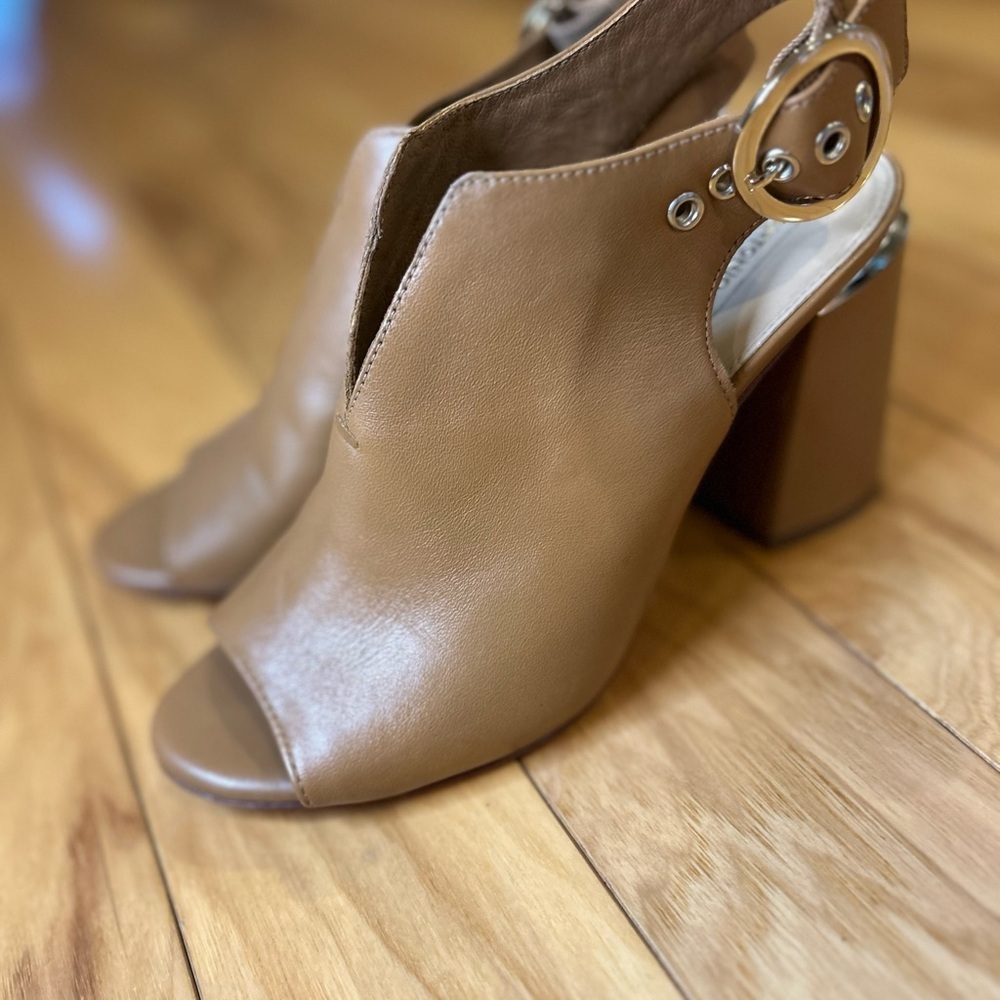 Antonio Melani Taupe Leather Peep Toe Slingback Block Heel Bootie Women